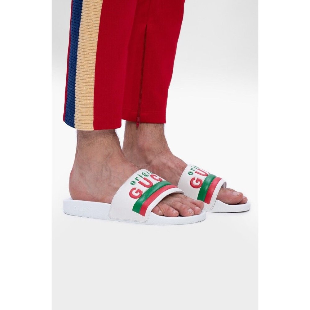 NEW GUCCI Slides flip flops WHITE LEATHER RED GREEN LOGO SZ G8 630606